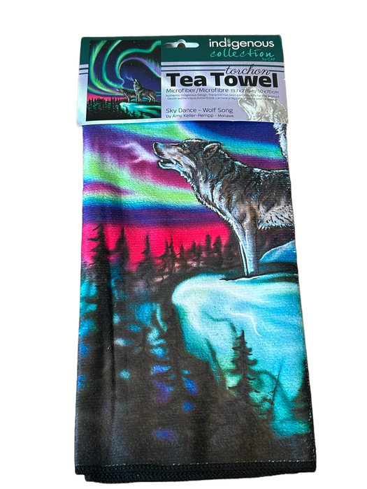 Northern Lights Wolf, Microfiber Tea Towel