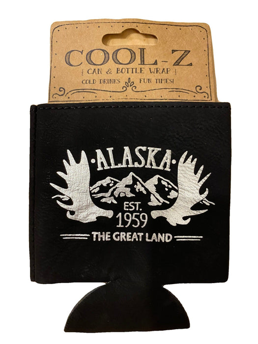 Black Leather Koozie, Antler and Mountain KITCHEN / KOOZIES