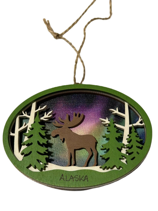 Laser Cut Wood Northern Lights Moose, Ornament COLLECTIBLES / ORNAMENTS