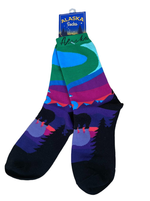 Northern Light scene with bear Sock WEARABLES / SOCKS