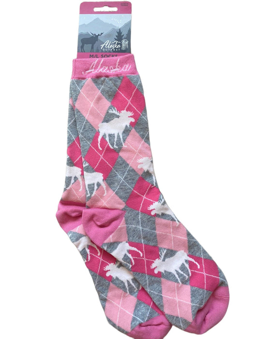 Pink Argyle Moose, Ladies Sock WEARABLES / SOCKS