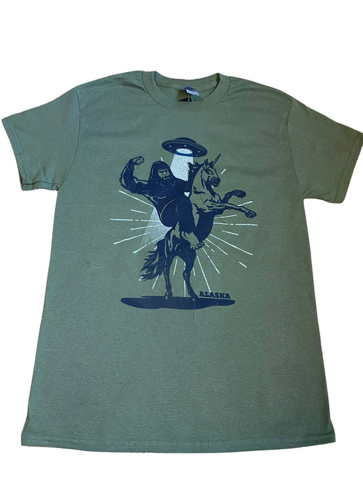 Bigfoot riding Unicorn, UFO, Adult T-shirt SOFT GOODS / T-SHIRT